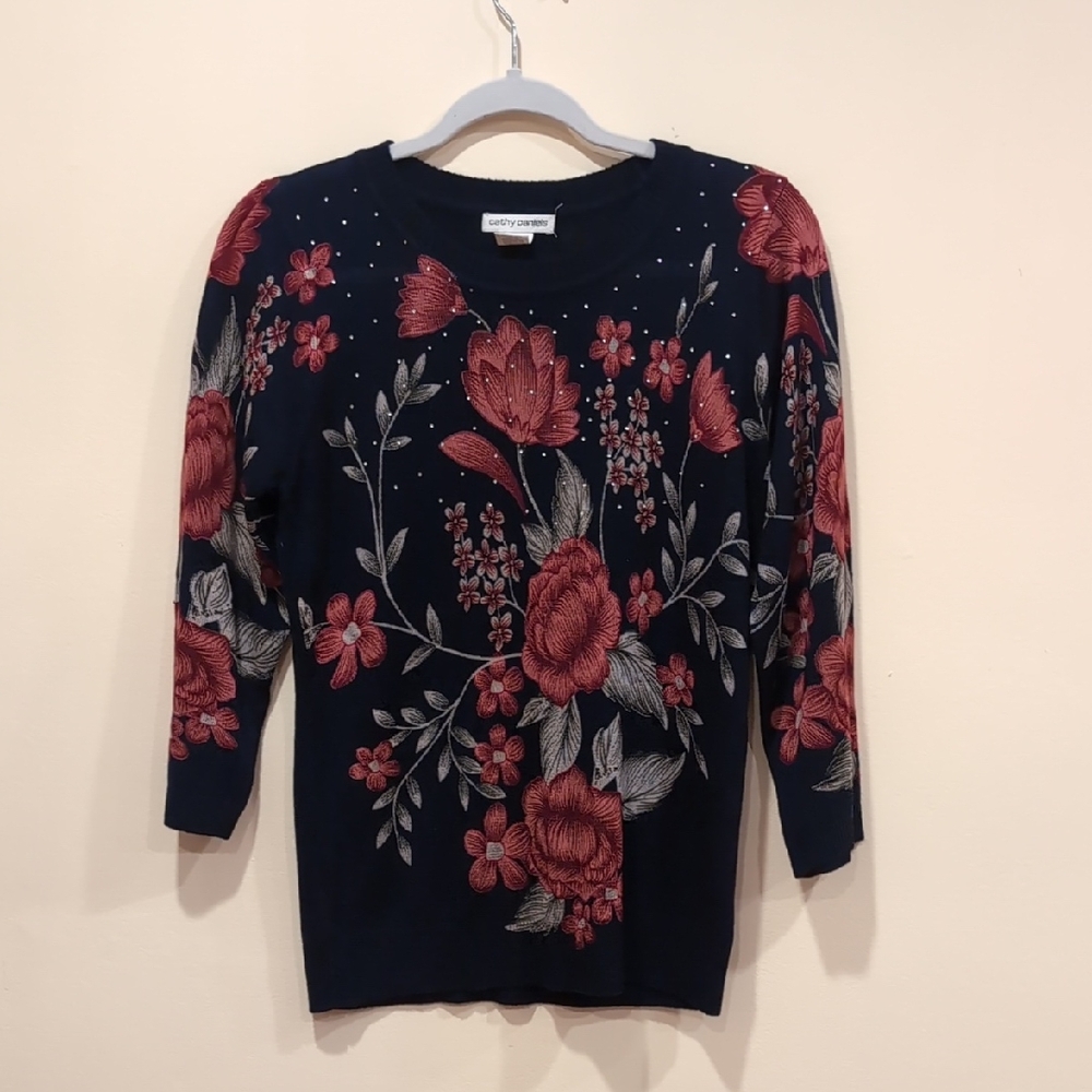 Cathy Daniels Navy Sweater with Red Floral Design